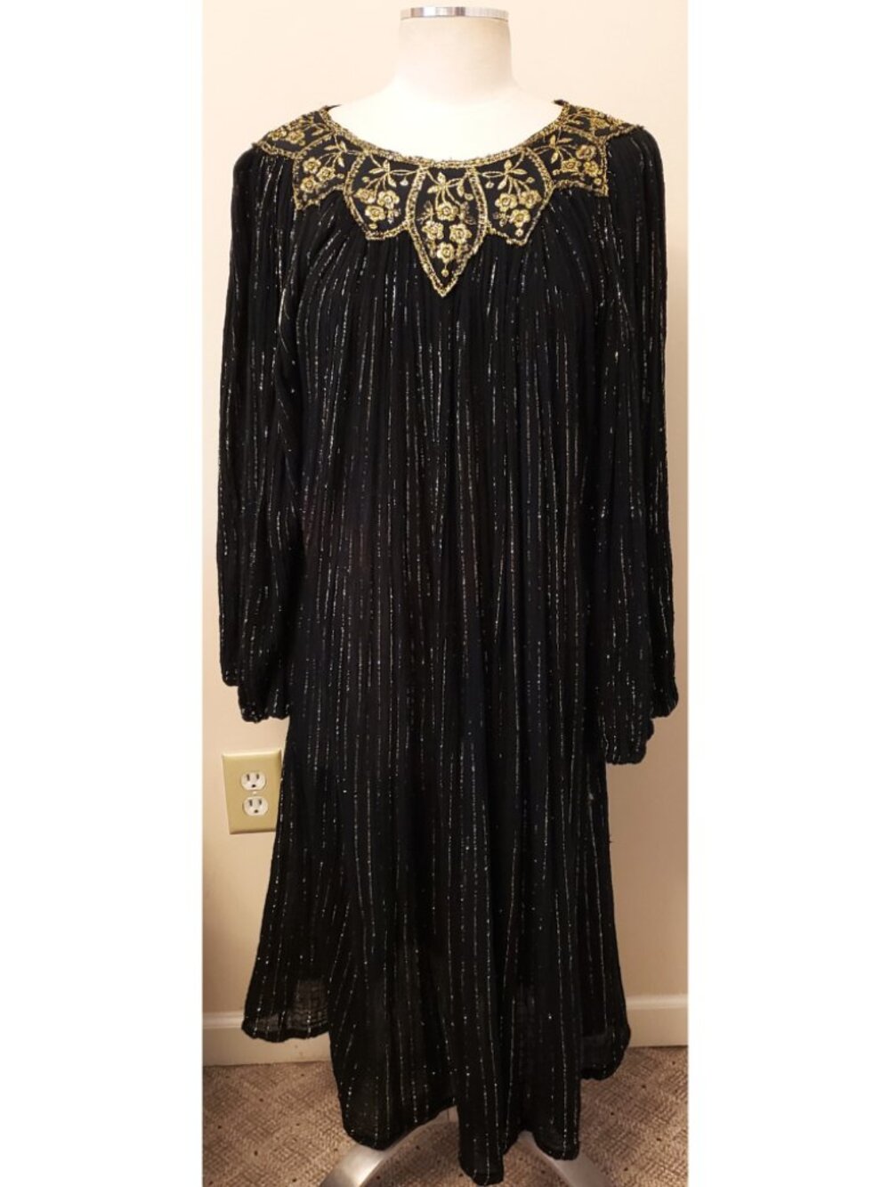THUMS UP Vintage Embroidered Gold Lurex One Size Dress, Black 85%Cotton/15%Rayon
